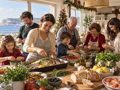 Reuni&oacute;n familiar durante la celebraci&oacute;n de Navidad con preparaci&oacute;n de comida en la cocina