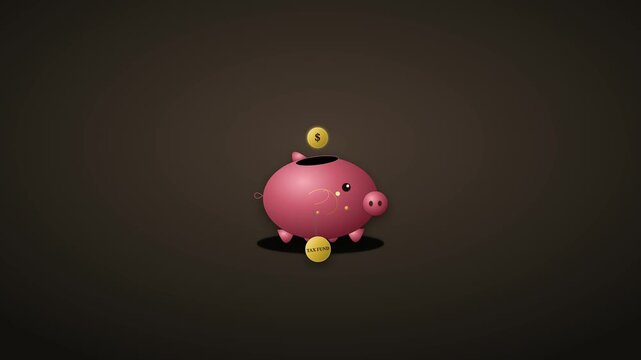 Premium 3D pink ceramic piggy bank with gold ornaments and a 'TAX FUND' tag, with gold coins falling into the slot on a dark background