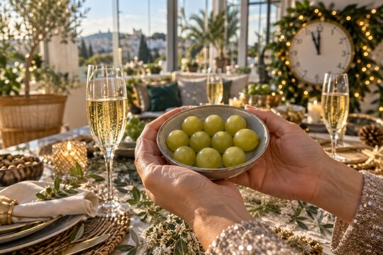 celebraci&oacute;n de navidad con uvas y champ&aacute;n en un ambiente festivo
