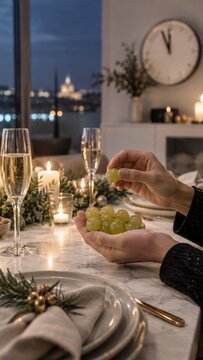 Celebraci&oacute;n de Navidad con uvas y brindis en un ambiente festivo