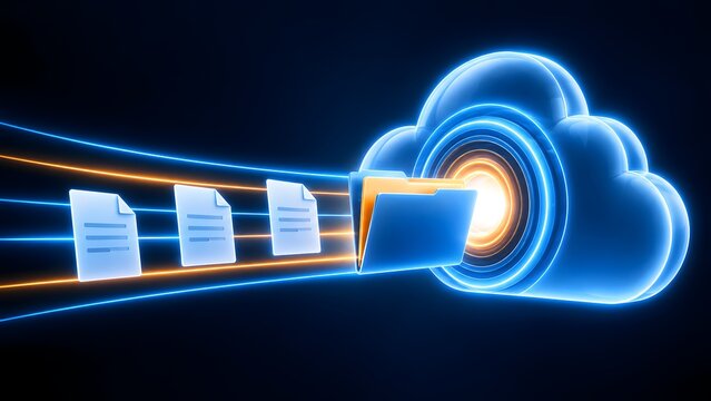 Cloud computing storage concept with digital folder uploading documents into glowing virtual cloud interface for secure data backup