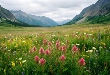 Obraz premium Wilderness conservation and environmental protection, alpine meadow with blooming wildflowers and mountain peaks in a remote natural landscape