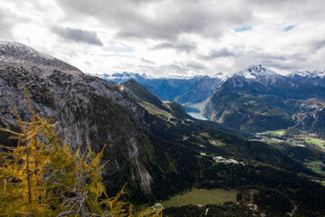 Fototapeta premium Panoramic view from Kehlstein mountain towards lake Konigssee in autumn, Bavaria, Germany