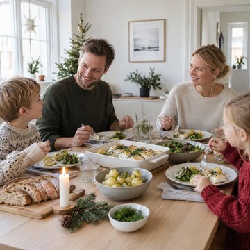 Celebraci&oacute;n navide&ntilde;a en familia con cena y decoraci&oacute;n en una casa