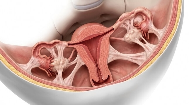Cross section view of human female reproductive organs showing internal structure and pelvic anatomy with human body