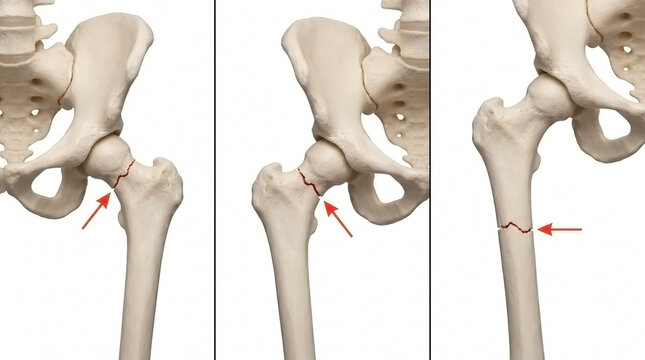 Comparison set of hip and femoral shaft fractures on white background with bone fracture hip injury femur fracture medical illu