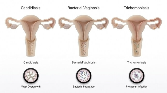 Medical comparison of female reproductive system infections showing candida bacterial vaginosis trichomoniasis with vaginal infect