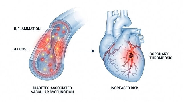 Conceptual medical diagram illustrating diabetes associated vascular dysfunction leading to coronary thrombosis and heart risk