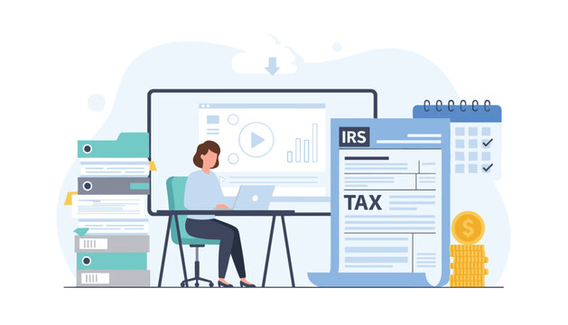Professional accountant working on financial taxes using her laptop next to a large IRS tax document and stacks of folders.