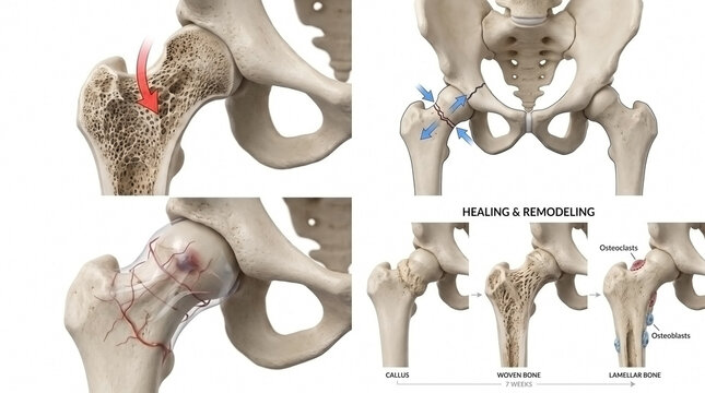 Medical anatomy illustration of hip joint fracture stages and bone structure with femoral neck orthopedic surgery skeletal syste