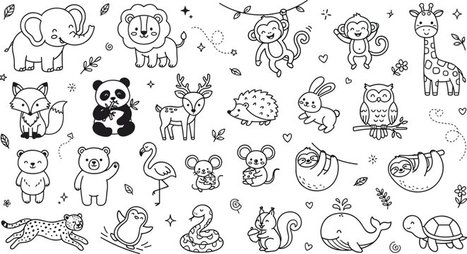 Cute Wild Animals and Zoo Creature Mega Vector Sticker Set featuring Playful Line Art Outlines for Children Coloring Book Page Designs