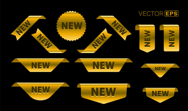 Shiny gold NEW tags, ribbons, and labels collection, perfect for promoting new arrivals and product launches.