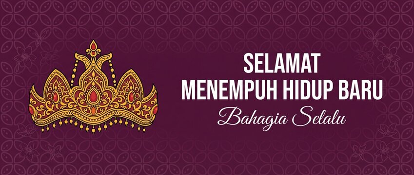 Indonesian wedding crown greeting banner with traditional golden crown Siger motif for marriage celebration card background with Selamat Menempuh Hidup Baru typography text on dark maroon batik patter