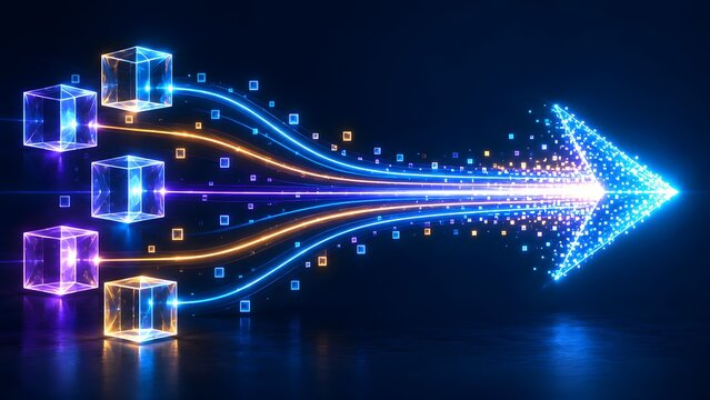Digital transformation and technology integration concept with glowing cubes merging into futuristic light particle arrow