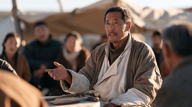 A fortune teller props wagon apologizes to a rural village gathering, holding out a worn tool passed down by a veteran grandfather, the quiet landscape and group dynamic framing