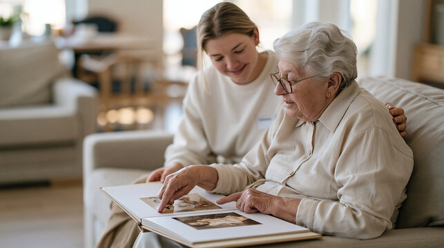 Elderly woman sitting with a photo album on her lap in a nursing home lounge, pointing to a childhood picture to a young social work intern beside her, recounting early trauma in