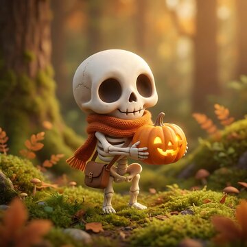A cute skeleton character wearing an orange scarf and a small brown satchel holding a glowing carved pumpkin in a mossy autumn forest setting