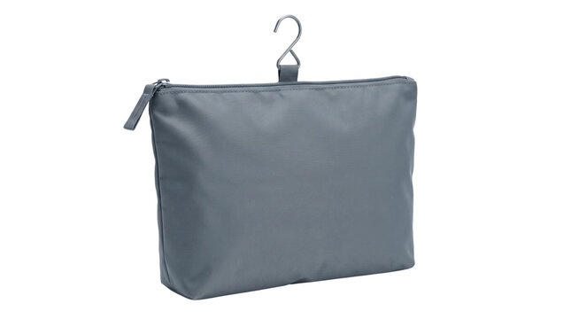 Minimalist gray hanging toiletry bag, waterproof nylon travel organizer pouch, compact cosmetic storage case with metal hook isolated PNG with Transparent Background