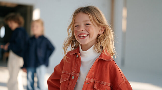 A gap toothed child actor smears stage makeup across one cheek while celebrating a role earned in a commercial photography studio, the wide establishing shot revealing an