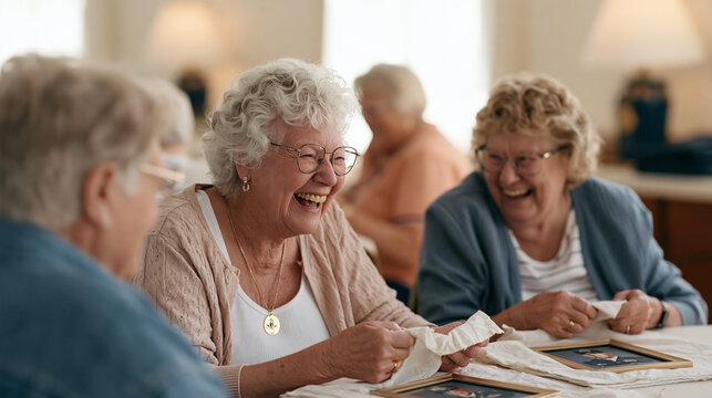 A group of veterans' widows burst into sudden unfiltered laughter while wrapping framed military portraits in protective cloth, a clean organized folding station nearby, authentic
