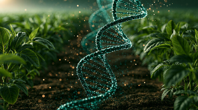 A visually stunning representation of DNA strands floating above fertile plants, illustrating the connection between genetics and agriculture in a vibrant, earthy environment.