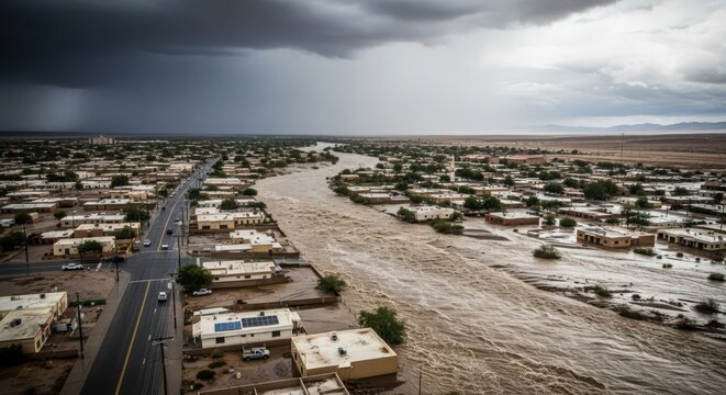 Torrential flash flood carves through flooded residential neighborhood under stormy skies