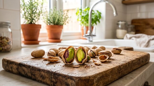 Fresh raw pistachios with shells scattered on a rustic wooden cutting board in a bright sunny home kitchen setting