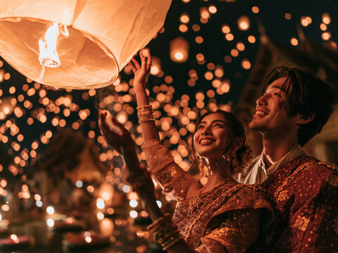 Thai couple, dressed in elegant traditional Lanna Thai clothing, smiling warmly as they release a large, glowing paper lantern into the night sky during the Loy Krathong and Yi Peng festivals
