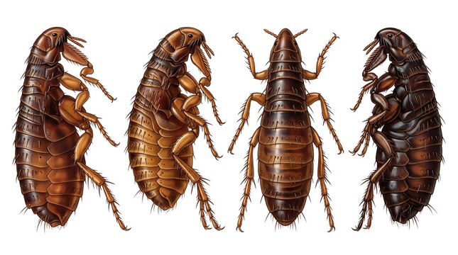 A detailed scientific illustration showing multiple views of a flea insect isolated on a plain white background for study