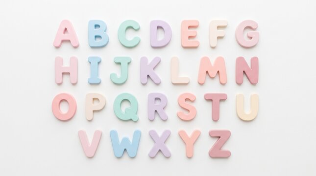 Pastel wooden alphabet A-Z. Soft pink, blue, mint, lavender, and peach letters arranged in 4 rows on a clean white background.