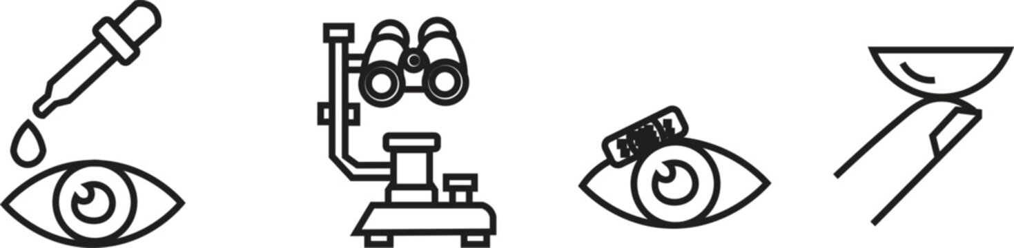Optometry Equipment Vector Icons for Eye Drops, Medical Phoropter, and Contact Lens Line Art.