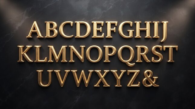 Luxury 3D gold alphabet A-Z with ampersand. Metallic serif letters with soft shadows on a dark marble background, lit by spotlight.
