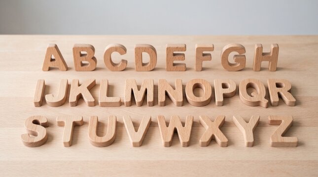 Natural wooden alphabet A-Z. Light-colored 3D block letters arranged in 3 rows on a smooth wooden table with soft, neutral background.