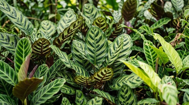 A close up view of the vibrant green and patterned leaves of a calathea leopardina tropical houseplant in a garden setting
