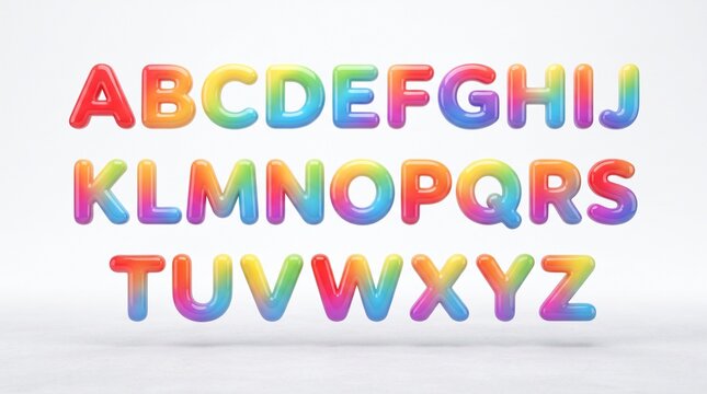 Glossy 3D rainbow alphabet A-Z. Puffy bubble letters with a smooth gradient of red, orange, yellow, green, blue, and purple on a white background.