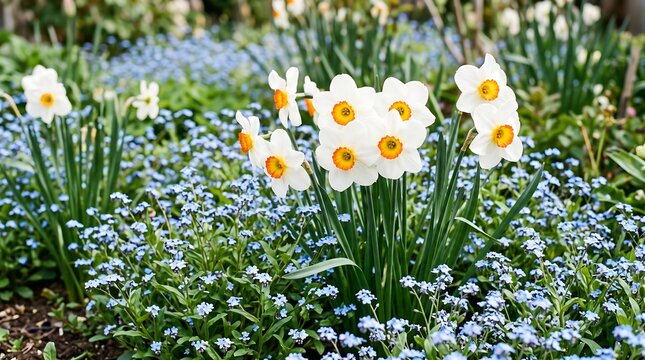 Beautiful white and yellow daffodils blooming in a lush garden bed surrounded by tiny blue forget me not flowers