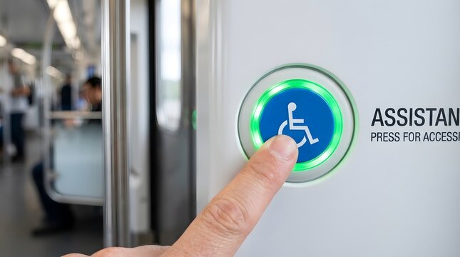 Human finger pressing a blue accessibility assistance button on a modern public transport vehicle