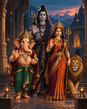 Traditional standing portrait of mahadev ganesha and durga with lion at temple for ganesh chaturthi maha shivratri and durga puja devotional celebration