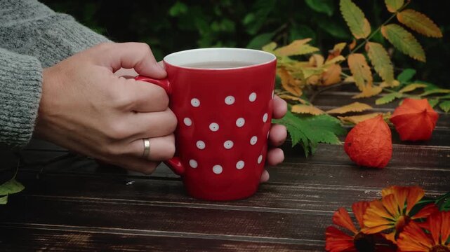 Fall season. Woman drinking hot tea outdoors