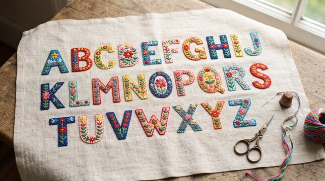 Embroidered alphabet on linen fabric. Colorful A-Z with floral folk patterns, plus scissors, thread, and thimble beside it on a rustic wooden table.