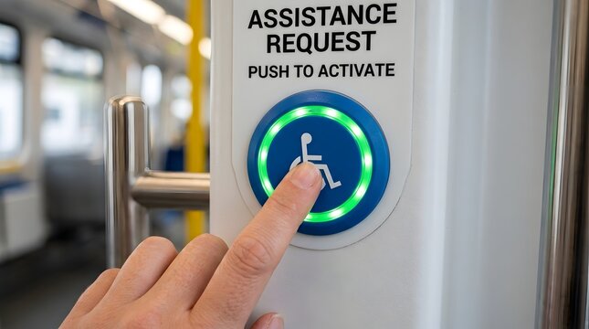 Finger pressing an assistance request button for wheelchair access on a modern city train carriage