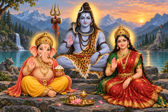 Divine lakeside worship scene with ganesha mahadev and durga near mountain temple for ganesh chaturthi maha shivratri and durga puja festival celebration