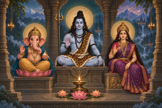 Divine temple shrine with mahadev ganesha and durga surrounded by lotus lamps for ganesh chaturthi maha shivratri and durga puja spiritual worship