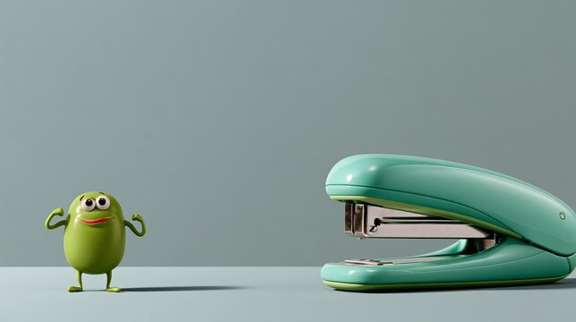 Stapler flexing tiny muscles looking strong and proud on light grey background