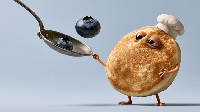 Pancake wearing chef hat flipping blueberry in small pan
