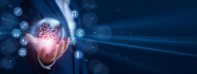 Bio scientist holding the hand glowing DNA helix icon. Professional analyzing research sales data...