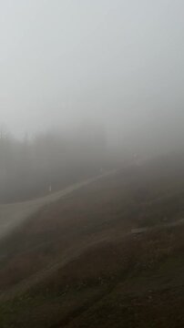 A foggy landscape with a winding road and trees in the background. The scene is shrouded in mist, creating a mysterious atmosphere.