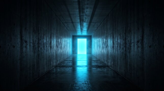 A mysterious glowing blue portal stands at the end of a dark industrial corridor creating a surreal atmosphere of discovery