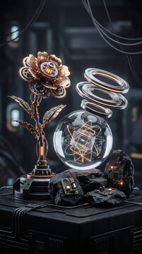 A futuristic mechanical flower sculpture with a levitating glass orb on a dark industrial platform.
