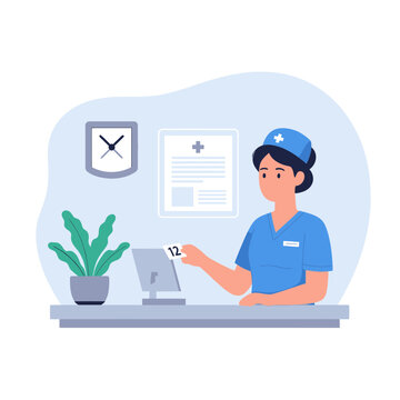 Nurse at reception desk handing out queue number, medical clinic administrative scene, healthcare service illustration